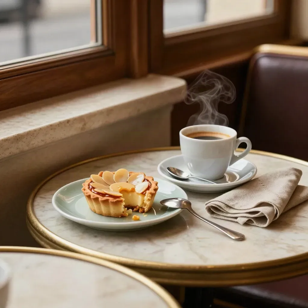 Dessert entamé, espresso fumant et serviette en lin sur table de bistrot en pierre.