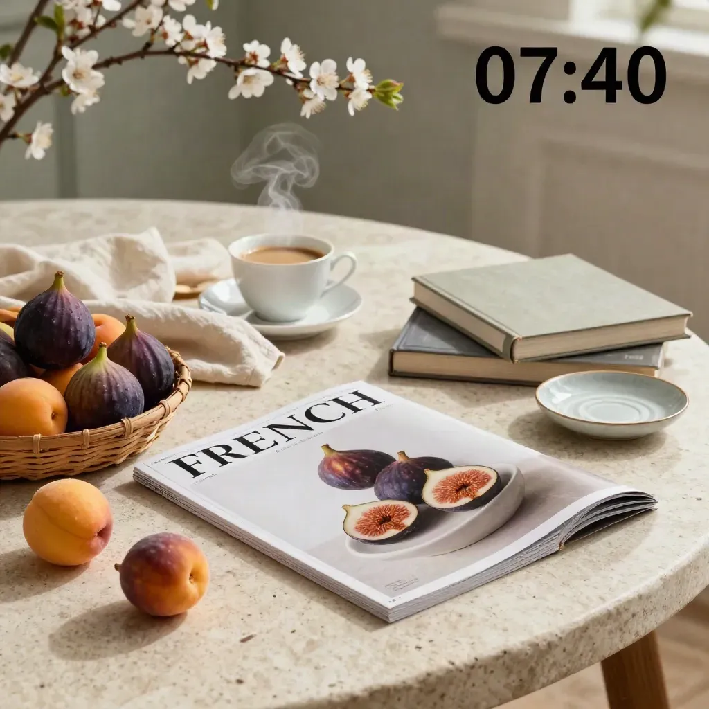 Nature morte éditoriale avec magazine, fruits, café, lin et fleurs sur pierre claire
