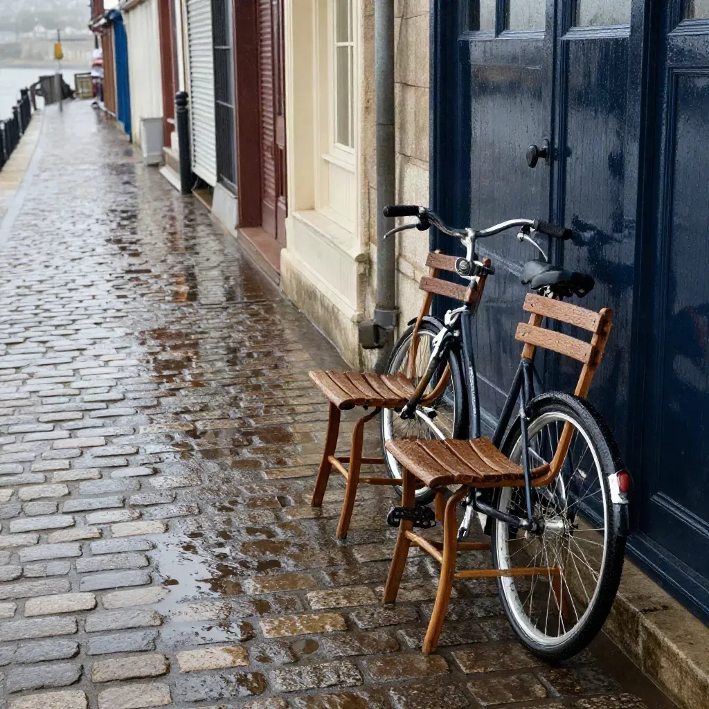 Quai de Saint-Malo mouillé, vélos, chaises de bistrot et reflets à marée basse.