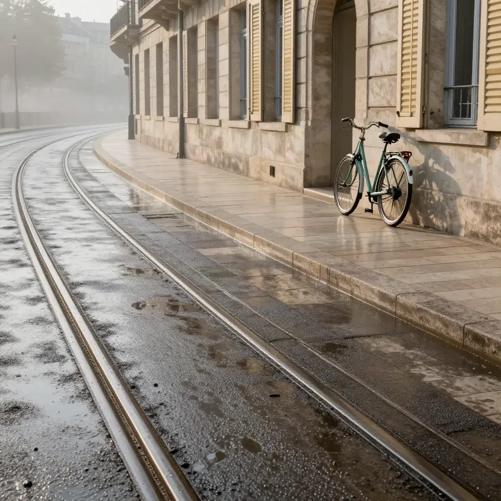 Quais de Bordeaux à l’aube, rails mouillés, façade blonde et vélo sauge dans la brume.