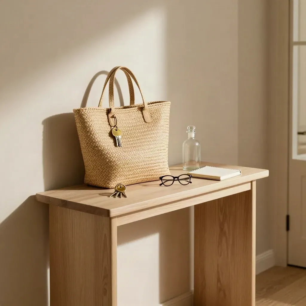 Console d’entrée avec tote tissé, clés, lunettes, bouteille en verre et carnet, lumière douce.